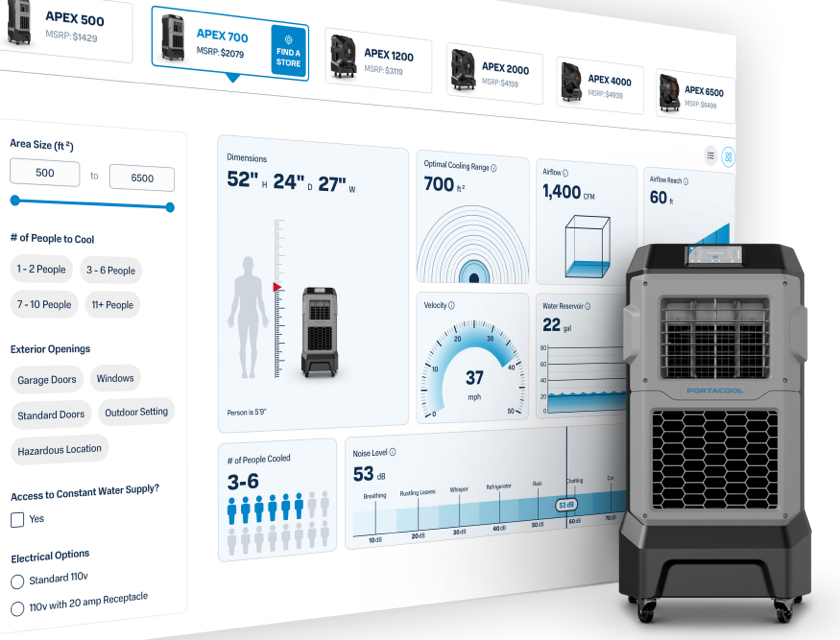 An image of the Portacool buying guide  filter interface