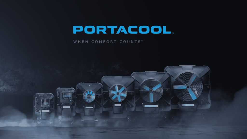 "Portacool, when comfort counts™ written over a series of evaporative coolers made for tough conditions.