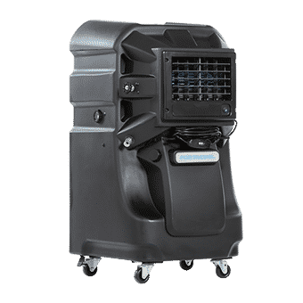 A black, angular portable swamp cooler on four caster wheels is seen with a front grille and control panel. Ideal for a Las Vegas shop owner.