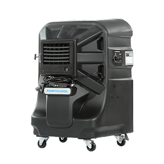 Jetstream 220: Portable evaporative cooler with wheels, sleek black exterior, front vent, user-friendly control panel, and carrying handle for mobility.
