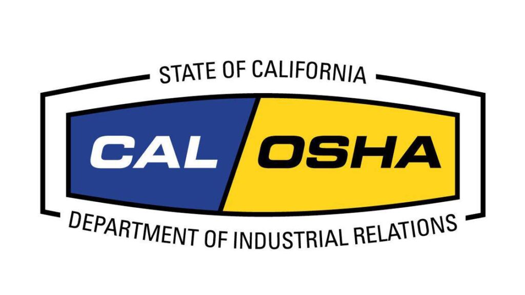 The CAL/OSHA logo features "CAL" on blue and "OSHA" on yellow, representing compliance rules for outdoor workers.