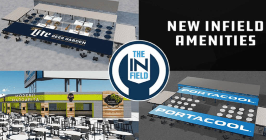 Vibrant collage of new infield amenities: Lite Beer Garden with seating, Modern Margarita decor, and Cyclone Chill Zone with shaded seating. Central logo: The Infield.