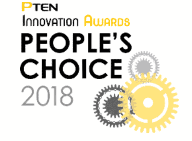 Logo for PTEN Innovation Awards People's Choice 2018, features black, gray, and yellow gears representing innovation in shop equipment.