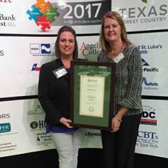 Two women smile, holding an award in front of a sponsor logo backdrop with puzzle design and "2017.
