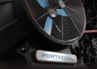 Portacool evaporative air cooling unit showing blue block text branding on the front of the swamp cooler unit.