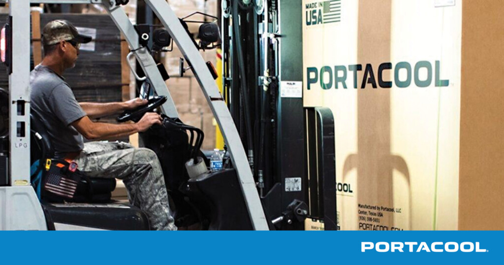 A forklift driver transports a box labeled "Portacool."