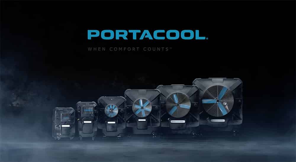 Six dark Portacool units arranged by size on a dark background with the logo and "When Comfort Counts" slogan displayed above.