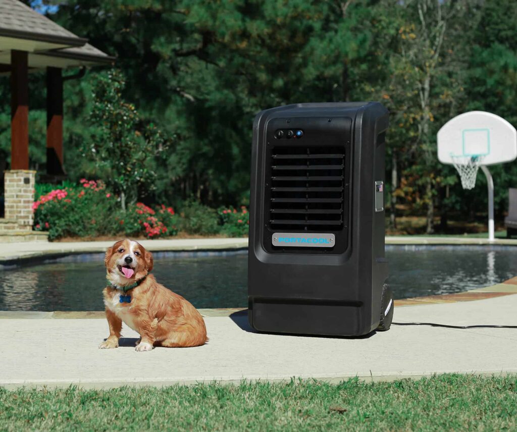 A small brown and white dog sits on a patio next to a large Portacool. A pool sparkles nearby, surrounded by vibrant flowers and lush trees with a basketball hoop.