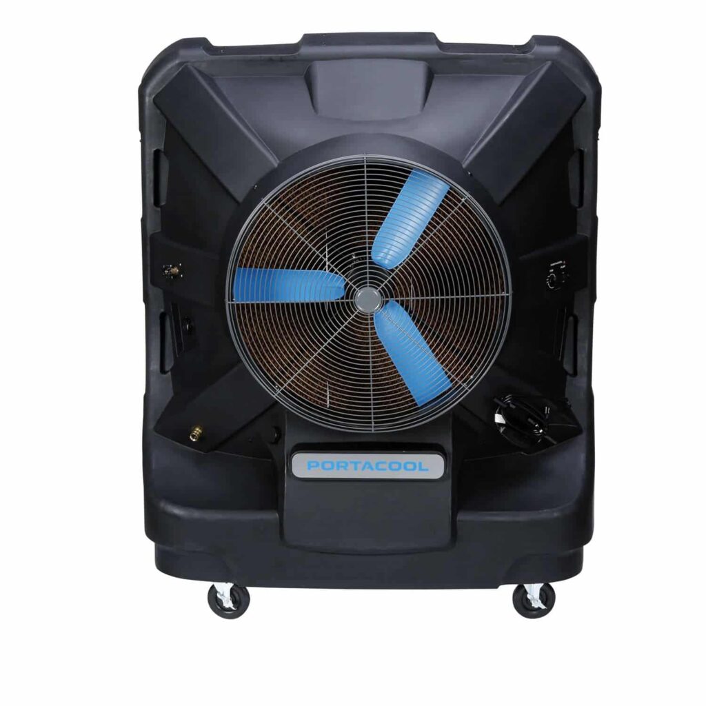 A black evaporative cooler with blue blades in a wire mesh, on wheels for mobility, displays "PORTACOOL" on the front.