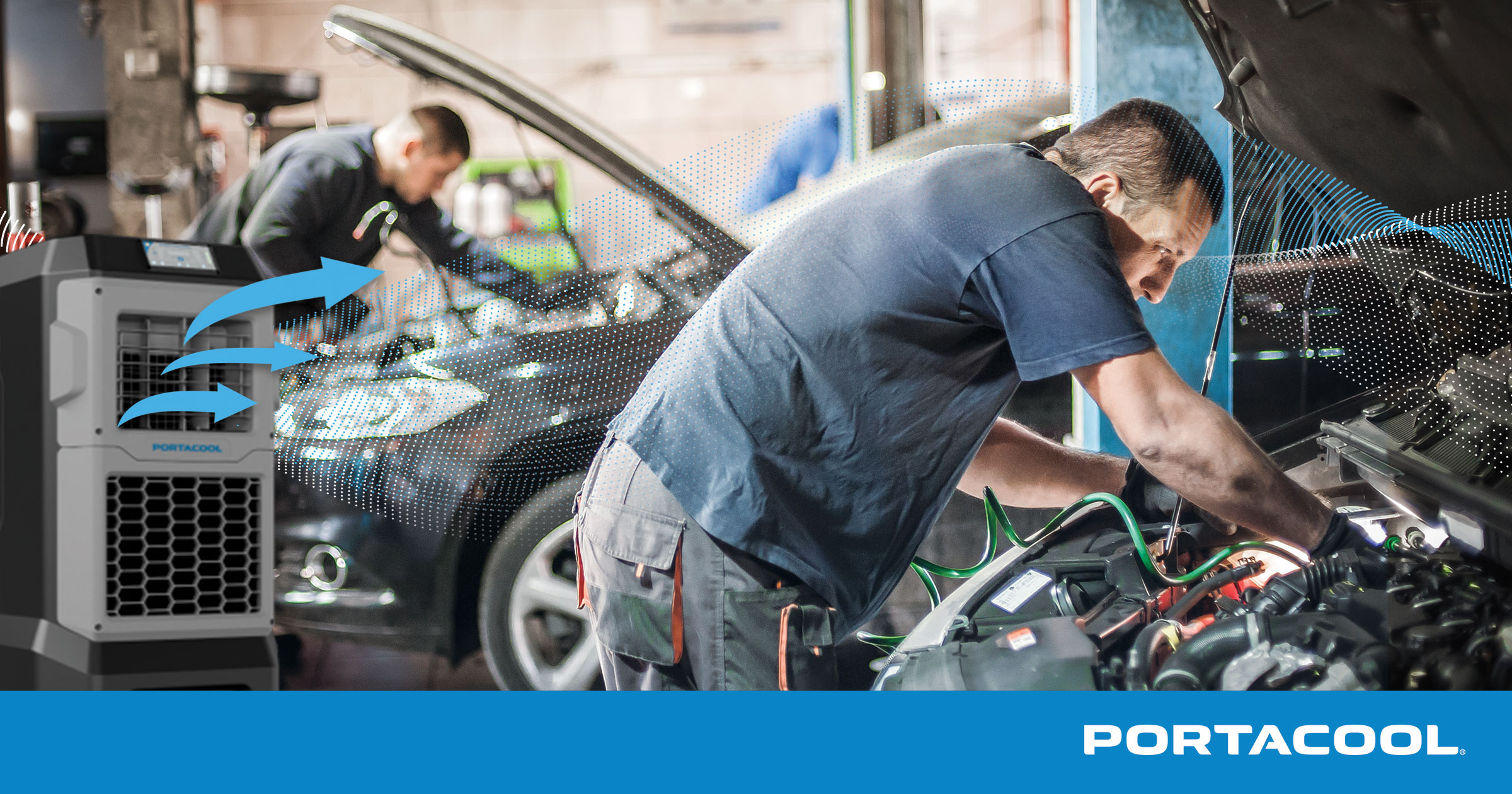 Auto technicians work on cars at an an auto shop, kept comfortable, safe, and cool by a Portacool evaporative cooler.