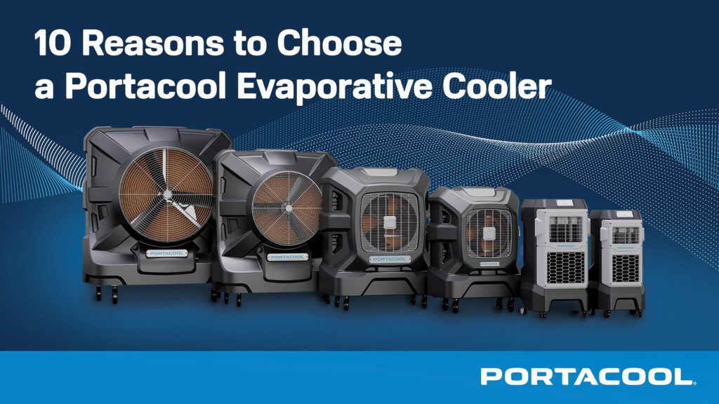 A lineup of Portacool evaporative coolers.