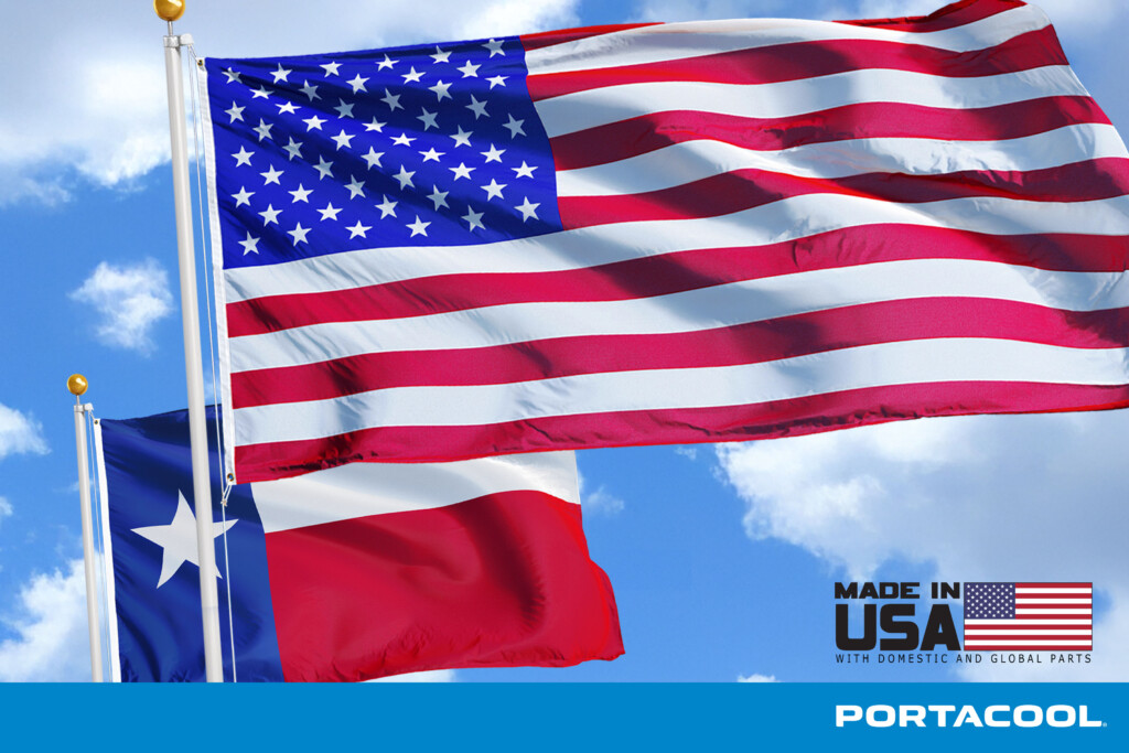 An American and Texan flag stand side by side, where Portacool is proud to be based.