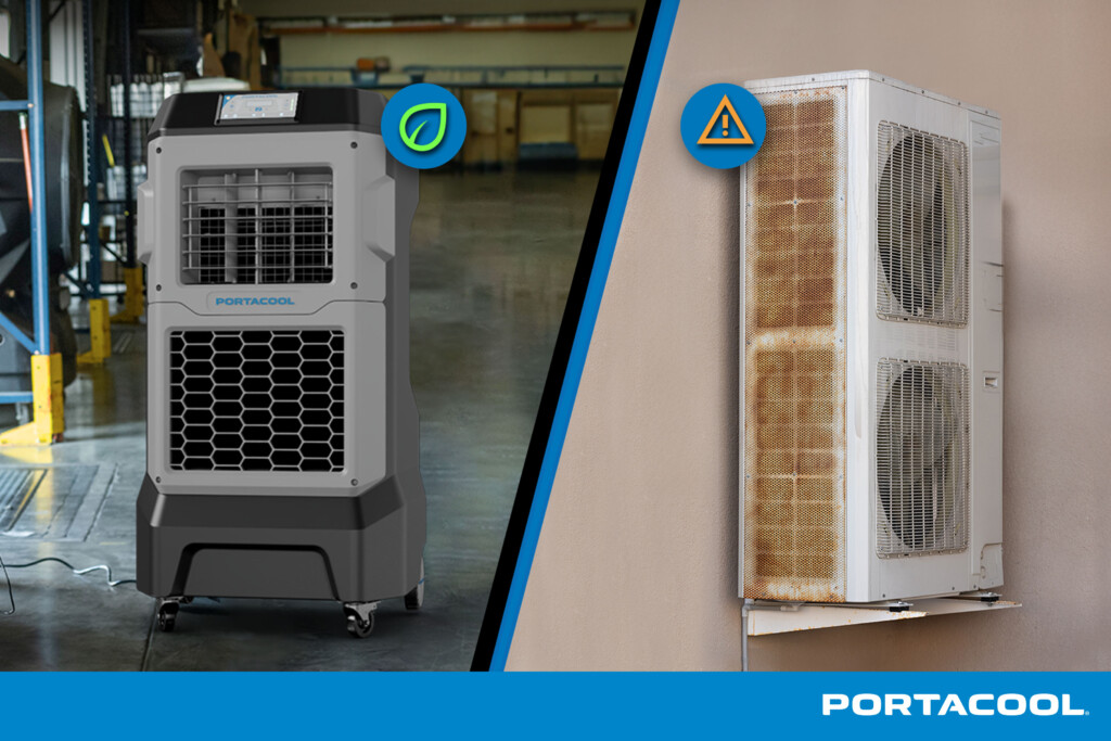 A Portacool evaporative cooler without signs of wear, opposed to a rusted air conditioner needing more maintenance.