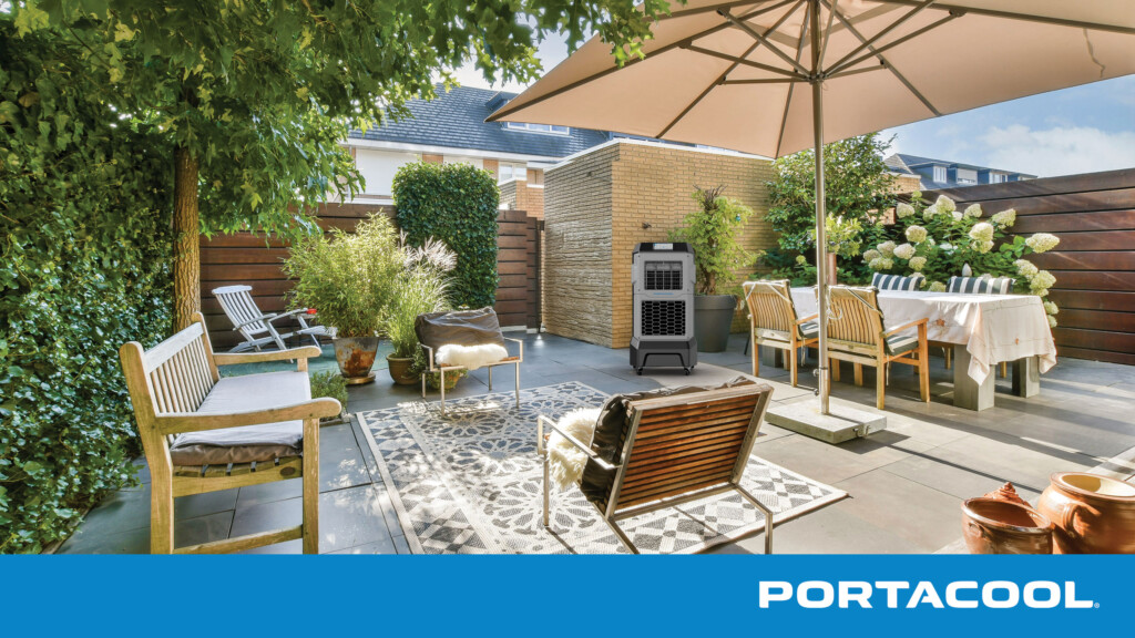 An outdoor patio being kept cool by a Portacool evaporative cooler.