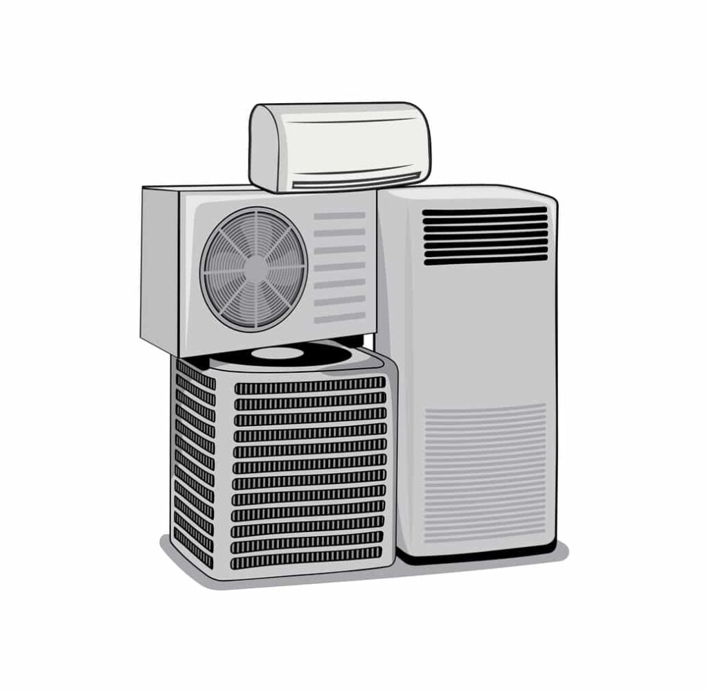 An illustration of three air conditioning units: window, split system, and portable; each in gray with distinct ventilation grills.