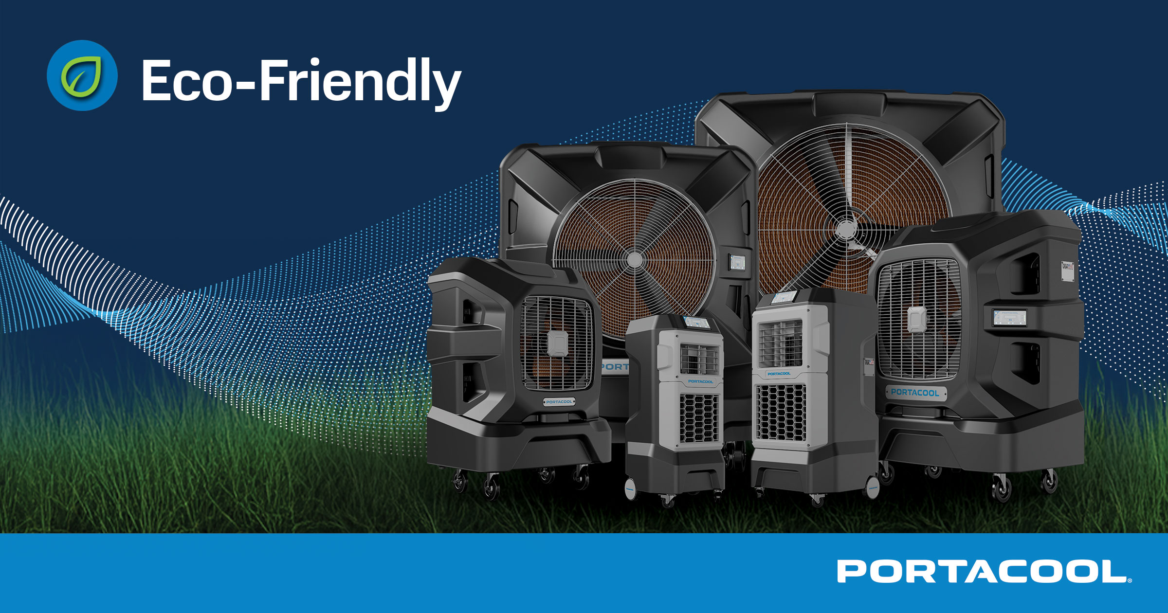 A group of Portacool APEX coolers with an "Eco-Friendly" label above them.