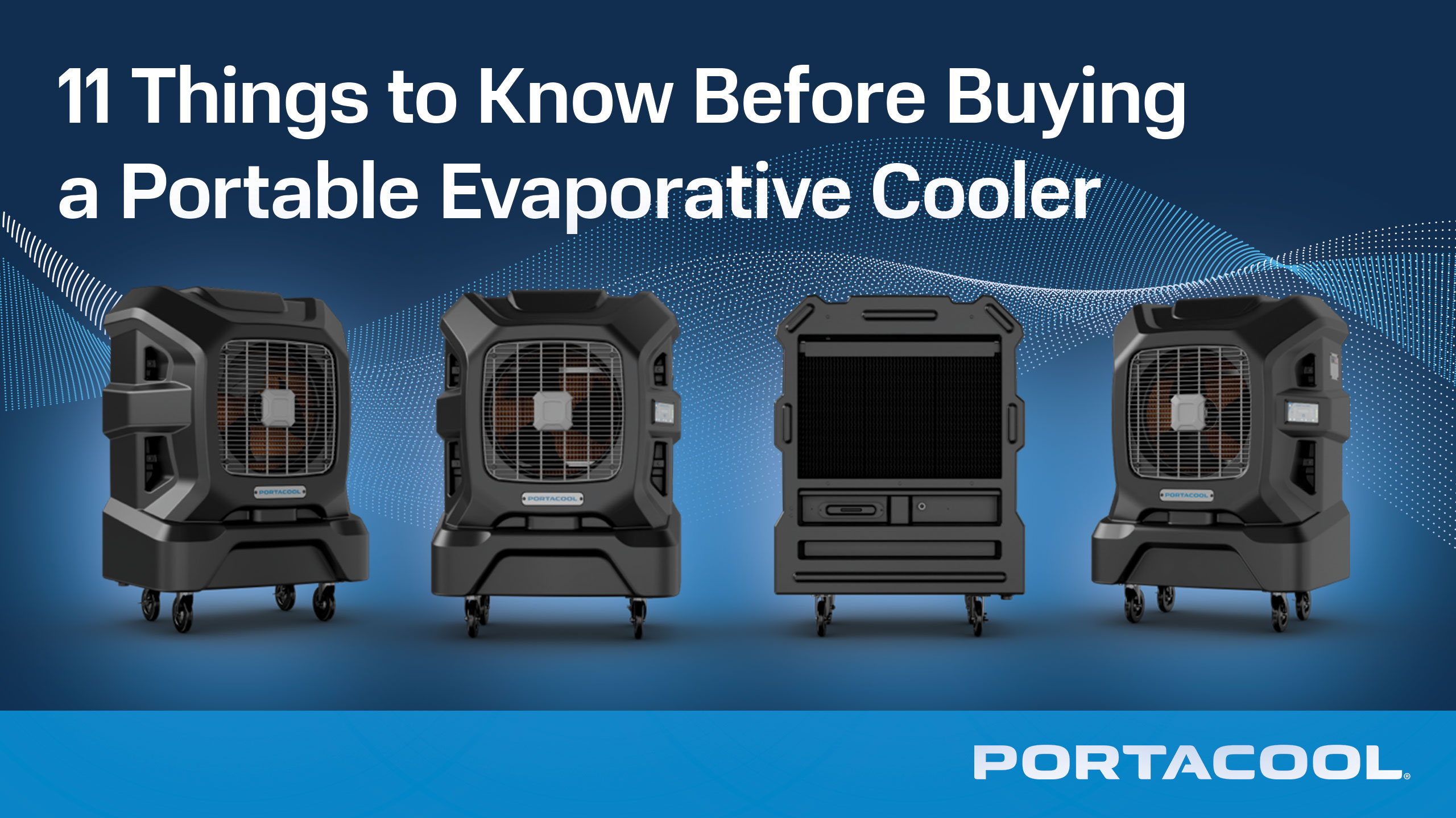 "11 things to know before buying a portable evaporative cooler," above a series of photos showing 360 views of a Portacool APEX evap cooler.