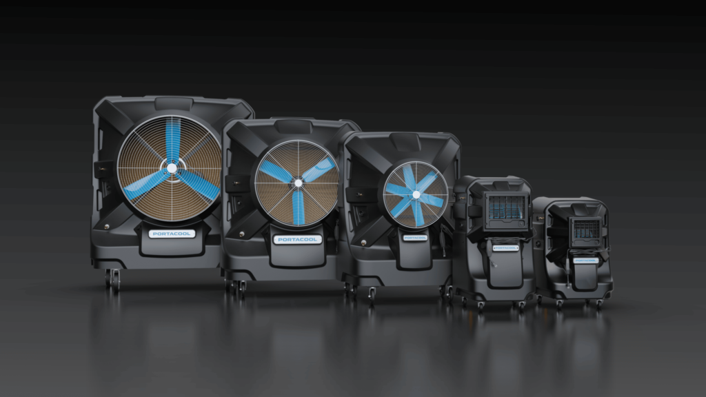 Five portable swamp coolers of different sizes, with sleek black bodies and blue blades, are lined up against a dark background.