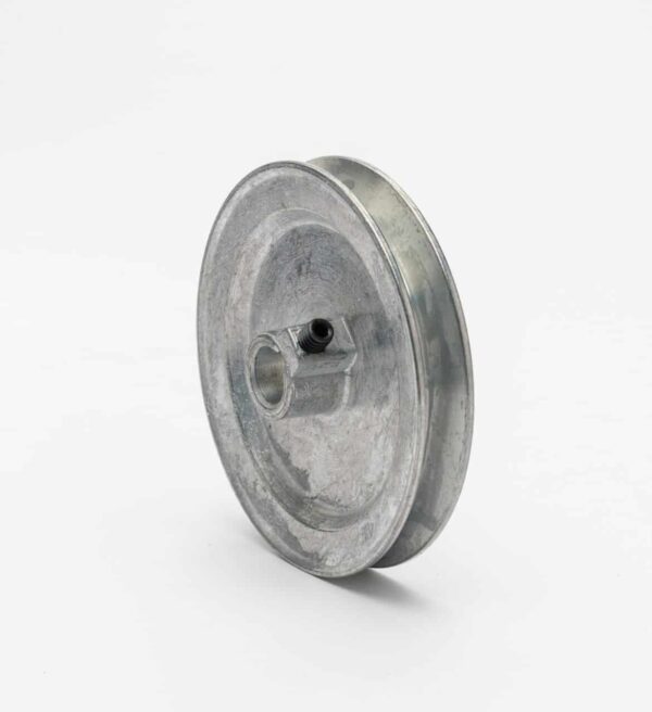 Silver metal pulley on white background. Suitable for 1/2 HP in Hazardous Locations. Pairs with Hazardous Location 1/2 HP Fan Motor for durability and function.