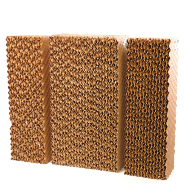 Three upright brown corrugated cardboard pieces with a honeycomb texture, resembling the Cyclone 120 HydroTek Replacement Media Set design.