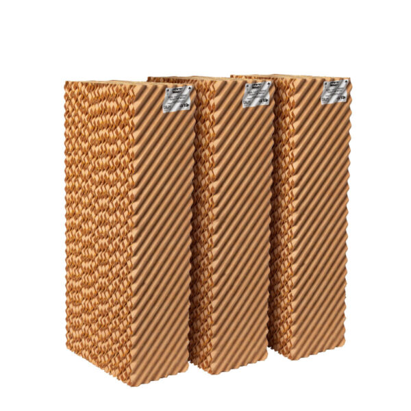 Three large, honeycomb-textured cooling pads stacked vertically, each with a HydroTek™ label. Cyclone™ 140 HydroTek™ Replacement Media - Set of 3.
