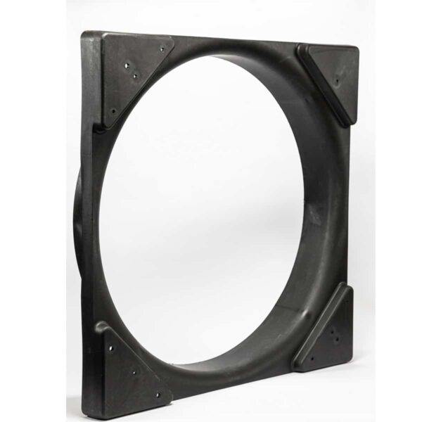 Portacool Classic 36″ Venturi Square black plastic shroud with large circular opening, reinforced corners, designed for. Plain white background.