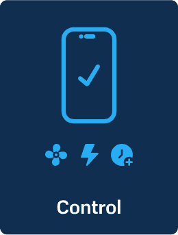 A smartphone icon with a checkmark hovers over symbols: fan, lightning bolt, and gauge on dark blue. "Control" highlights CoolSync technology integration.