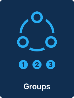Three blue circles in a triangle with arcs, labeled 1-3. Powered by CoolSync Technology on a dark blue background. Caption: "Groups.