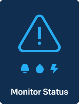 A blue triangle with an exclamation mark above icons (bell, droplet, lightning) labeled "Monitor Status" in white text using CoolSync Technology on a dark blue background.
