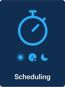 A blue stopwatch icon on a dark background represents CoolSync™ Technology. Below are icons: sun, clock with plus, crescent moon. "Scheduling" at the bottom.