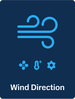 A sleek wind direction icon with stylized wind symbols, a Portacool, thermometer, and gear in blue on a dark blue background. CoolSync technology.