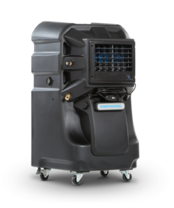 Black portable air cooler on wheels with front grille, control panel, and brand label.