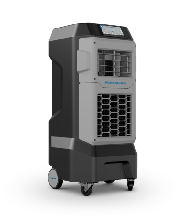 Portable evaporative cooler the Portacool Apex 500™, black/gray design with branded front panel, air vents, top control panel, and caster wheels for easy mobility.