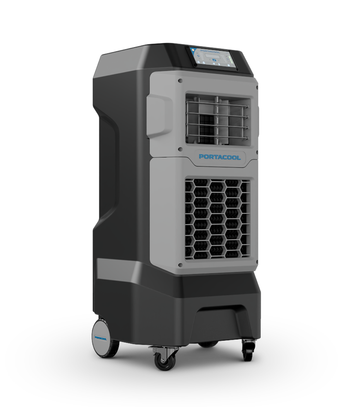 Portable evaporative cooler the Portacool Apex 500™, black/gray design with branded front panel, air vents, top control panel, and caster wheels for easy mobility.