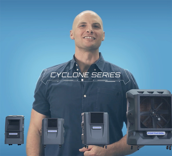 Cyclone series, written over a smiling technician.