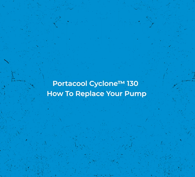 Blue background with white text: "Replace Your Portacool Cyclone™ 130 Pump." The surface has scattered black specks.