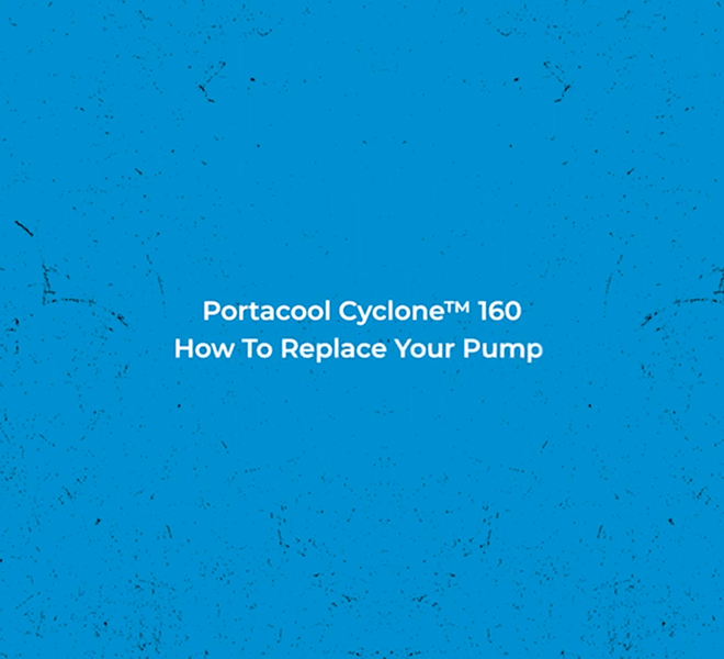 Grunge blue background. Centered white text: "Portacool Cyclone™ 160: How To Replace Your Pump.