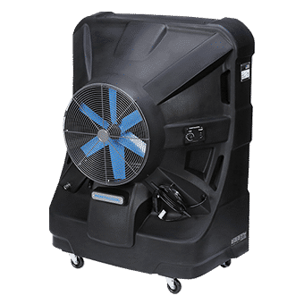 JETSTREAM 250 portable cooler with sleek black casing, vibrant blue blades, and user-friendly controls, ideal for challenging environments.