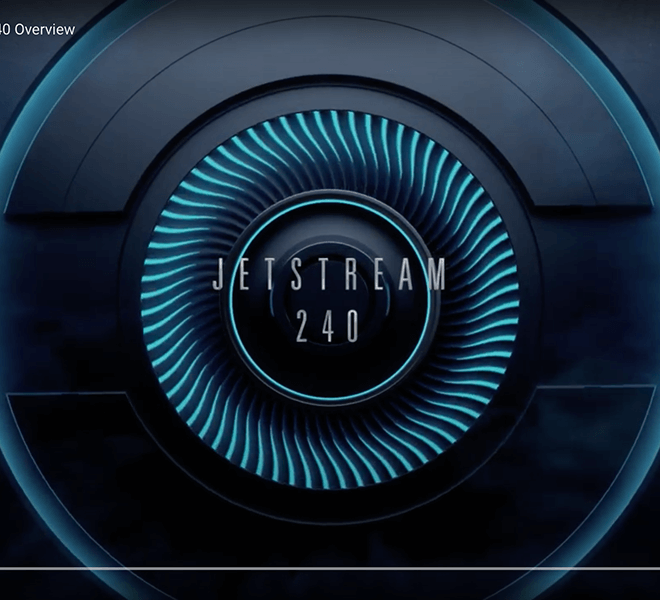 Futuristic design with glowing blue and green elements encircling "JETSTREAM 240" on a sleek, dark background with concentric lines.
