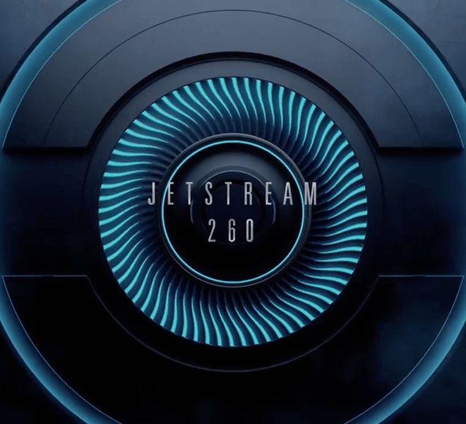 Futuristic graphic of concentric circles with a glowing blue spiral, "JETSTREAM 260" text in techno-style, against a dark backdrop.