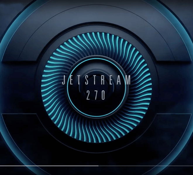 Futuristic circular design with blue gradient and radial stripes featuring "JETSTREAM 270," set against a dark metallic background.