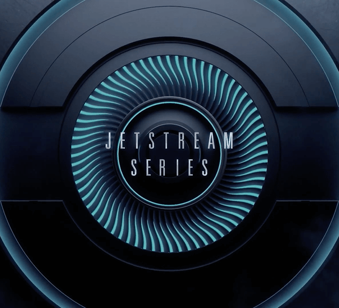 Circular design resembling a turbine with teal and black segments. Center text reads "Jetstream Series," accentuating its modern, dynamic appeal.