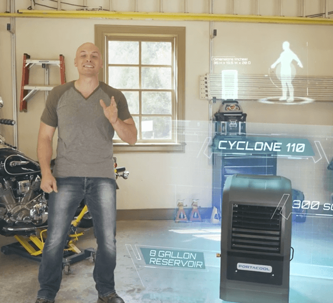 In a garage, a person stands next to a sleek motorcycle with the Cyclone 110 cooler. Text highlights "8 Gallon Reservoir" and "300 sq ft Coverage." A silhouette shows coverage area.