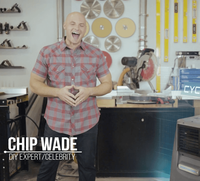 Person in workshop with tools, wearing red plaid shirt and jeans, next to Portacool. Text: "Chip Wade DIY Expert/Celebrity.
