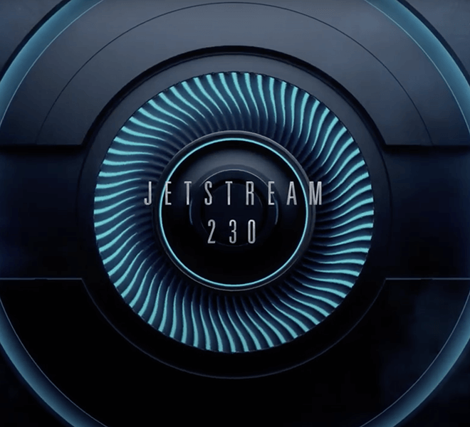 Close-up of a glowing blue jet engine turbine design with "Portacool Jetstream 230" over it, set against a dark background.