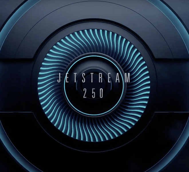 Futuristic circular design with blue and black rings, displaying "Jetstream 250" in a modern font.