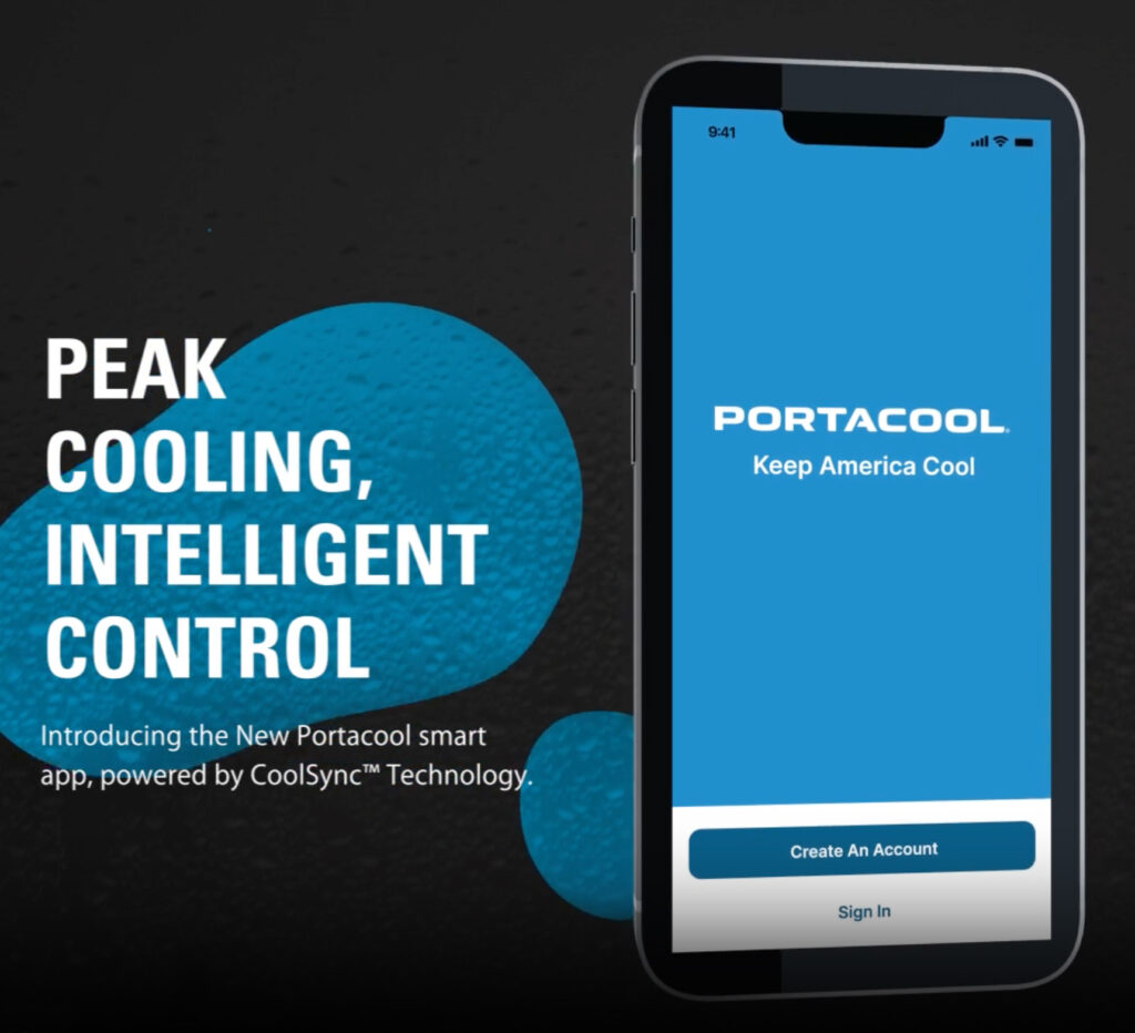 Smartphone displaying the Portacool app with "Keep America Cool," Text highlights CoolSync Technology, the Portacool App.