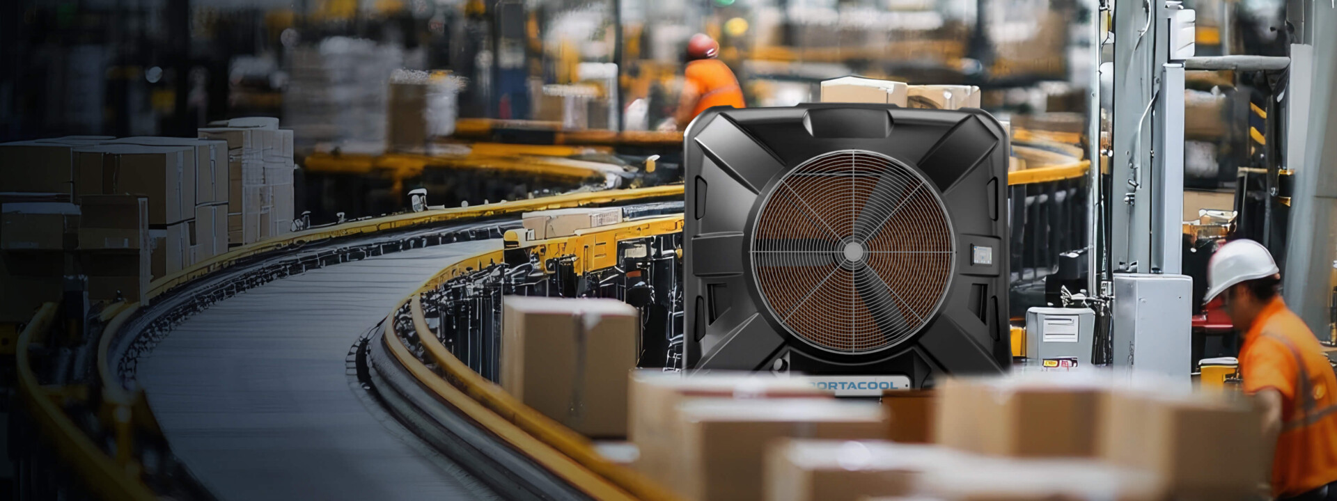 In the bustling warehouse, a large Portacool towers over workers in orange safety vests and helmets sorting packages near active conveyor belts.
