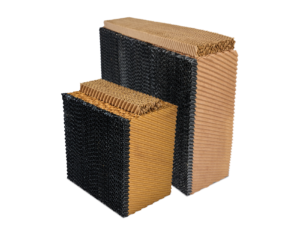 Two HydroTek evaporative media blocks, one larger, with honeycomb tops and ribbed sides in natural brown and black.