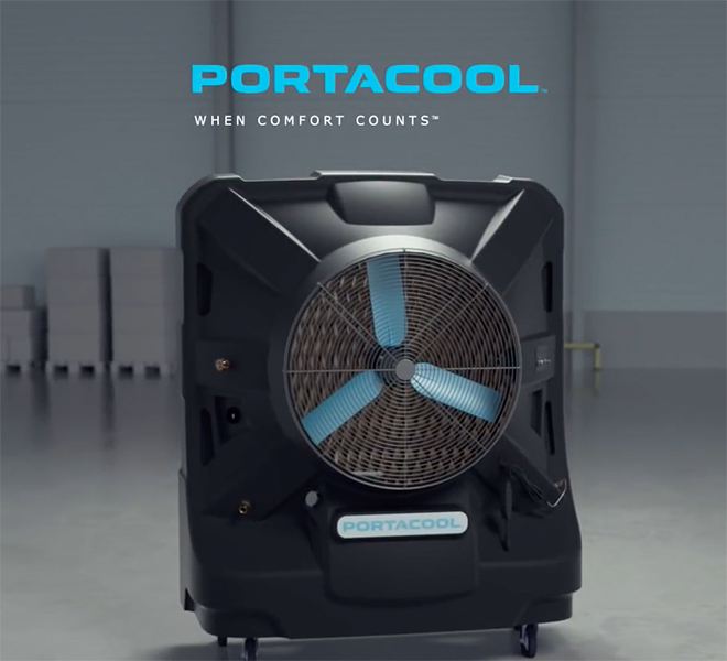 Image of large Portacool, under the words Portacool, When Comfort Counts.